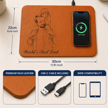 Father's Day Gifts, Custom Photo Pencil Sketch Best Dad Ever - Personalized Leather Charging Mat - Size 11.8 x 8.7 inches