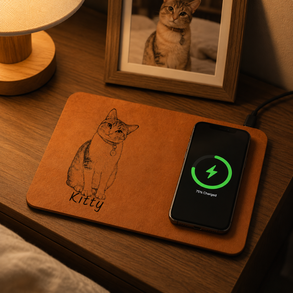 Custom Photo Bold Sketch Pet Portrait Pet Lovers - Personalized Leather Charging Mat - Size 10.2 x 7.5 inches