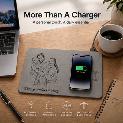 Father's Day Gifts, Custom Photo Pencil Sketch Best Dad Ever - Personalized Leather Charging Mat - Size 10.2 x 7.5 inches