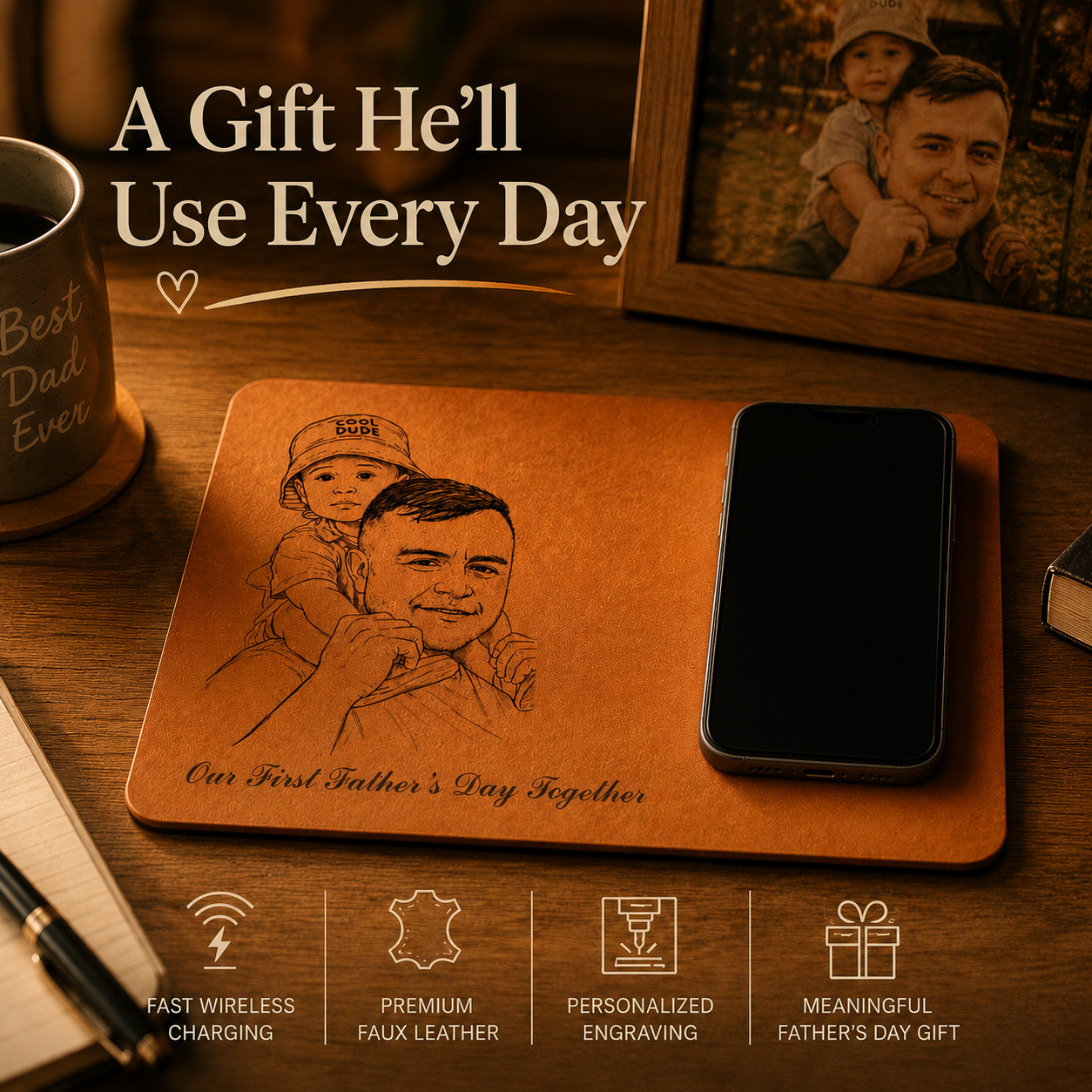 Father's Day Gifts, Custom Photo Pencil Sketch Best Dad Ever - Personalized Leather Charging Mat - Size 10.2 x 7.5 inches