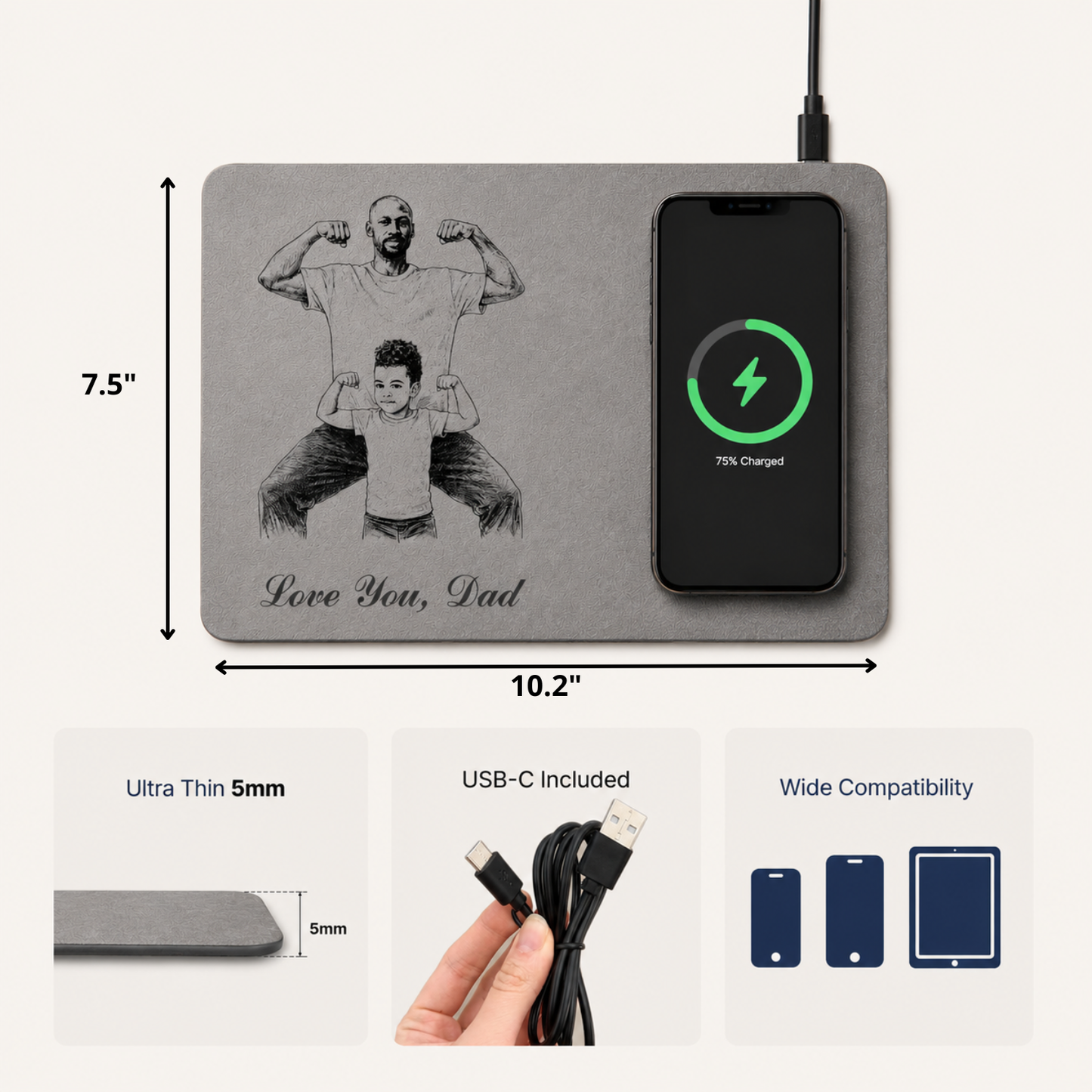 Father's Day Gifts, Custom Photo Pencil Sketch Best Dad Ever - Personalized Leather Charging Mat - Size 10.2 x 7.5 inches