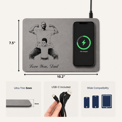 Father's Day Gifts, Custom Photo Pencil Sketch Best Dad Ever - Personalized Leather Charging Mat - Size 10.2 x 7.5 inches