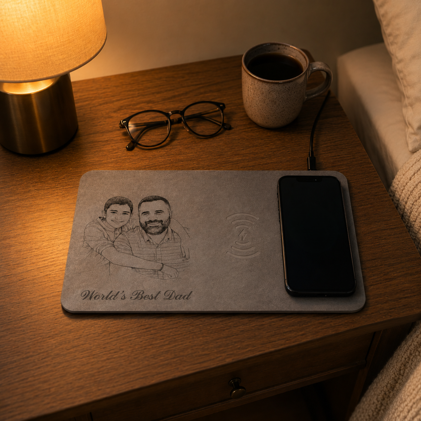 Father's Day Gifts, Custom Photo Pencil Sketch Best Dad Ever - Personalized Leather Charging Mat - Size 11.8 x 8.7 inches