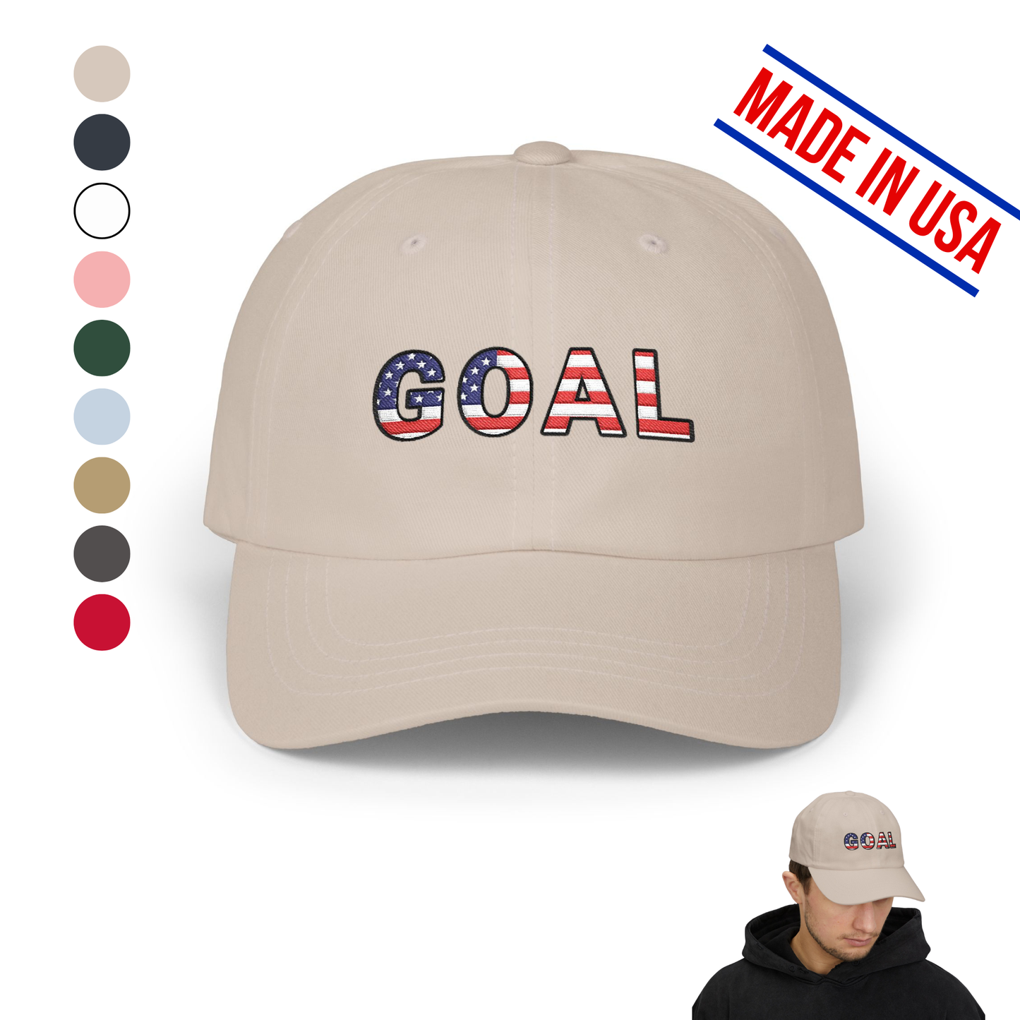 GOAL American Flag Embroidered Dad Hat, USA Soccer Fan Cap, Adjustable Cap