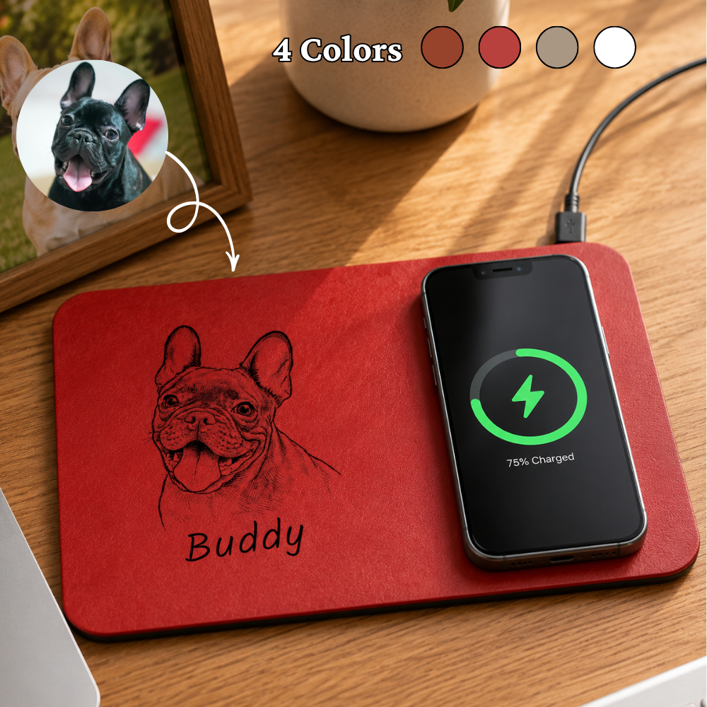 Custom Photo Bold Sketch Pet Portrait Pet Lovers - Personalized Leather Charging Mat - Size 10.2 x 7.5 inches