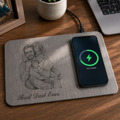 Father's Day Gifts, Custom Photo Pencil Sketch Best Dad Ever - Personalized Leather Charging Mat - Size 11.8 x 8.7 inches