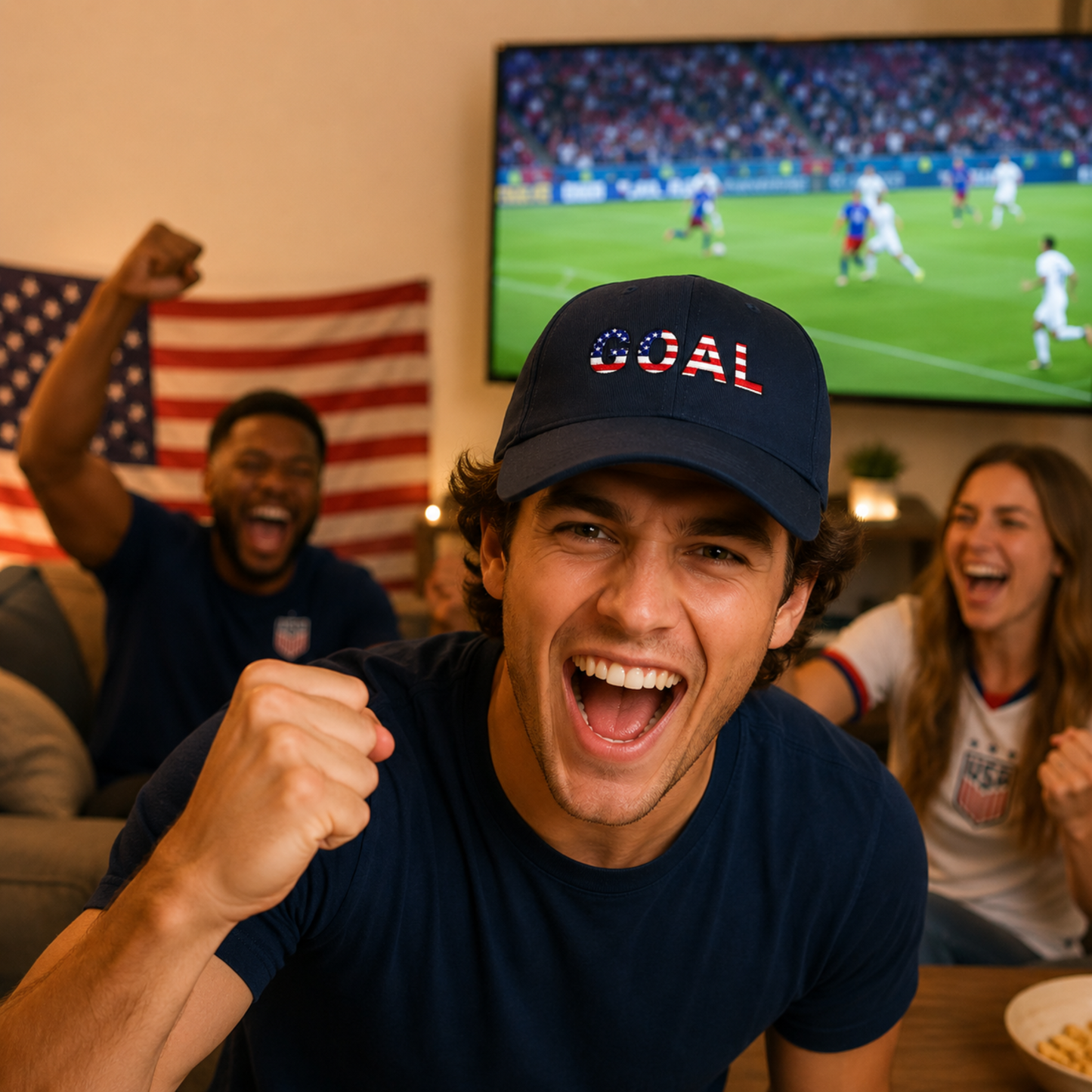 GOAL American Flag Embroidered Dad Hat, USA Soccer Fan Cap, Adjustable Cap