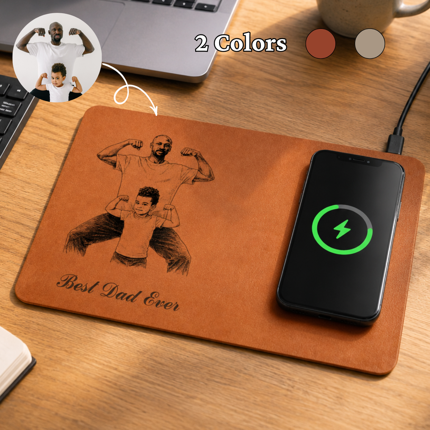 Father's Day Gifts, Custom Photo Pencil Sketch Best Dad Ever - Personalized Leather Charging Mat - Size 11.8 x 8.7 inches