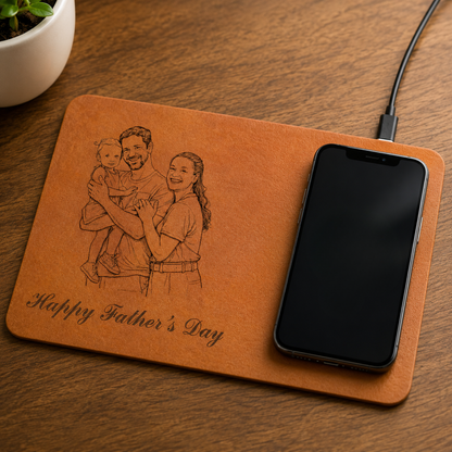 Father's Day Gifts, Custom Photo Pencil Sketch Best Dad Ever - Personalized Leather Charging Mat - Size 10.2 x 7.5 inches