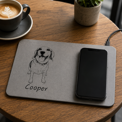 Custom Photo Bold Sketch Pet Portrait Pet Lovers - Personalized Leather Charging Mat - Size 10.2 x 7.5 inches