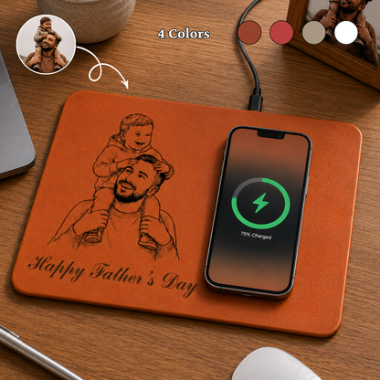 Father's Day Gifts, Custom Photo Pencil Sketch Best Dad Ever - Personalized Leather Charging Mat - Size 10.2 x 7.5 inches