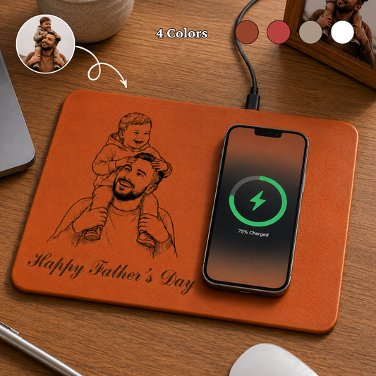 Father's Day Gifts, Custom Photo Pencil Sketch Best Dad Ever - Personalized Leather Charging Mat - Size 10.2 x 7.5 inches