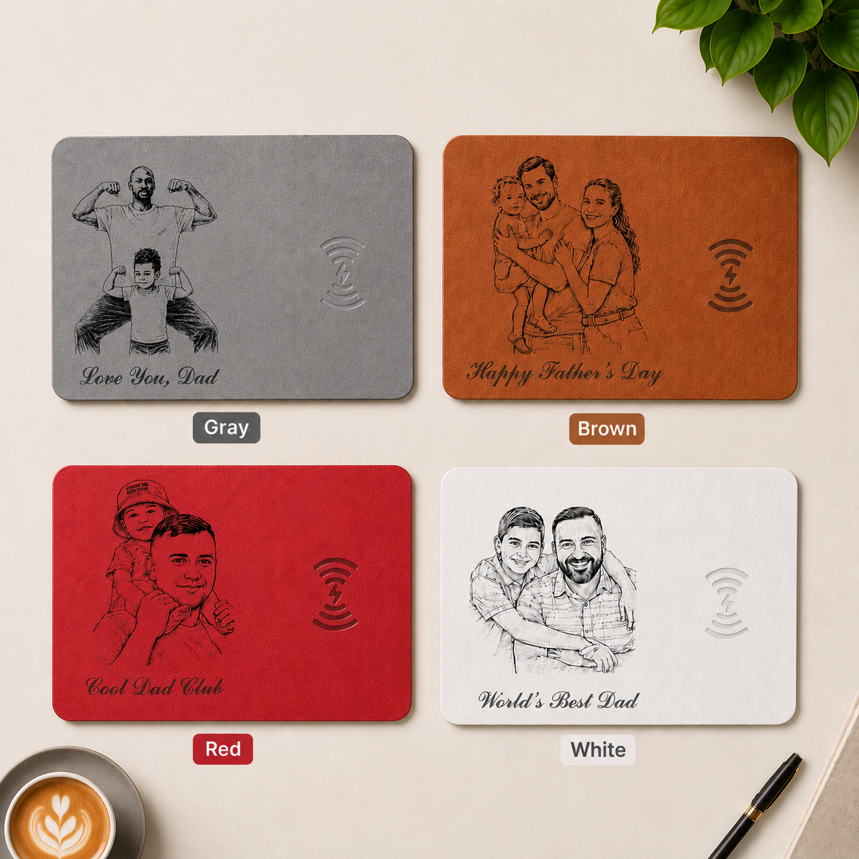 Father's Day Gifts, Custom Photo Pencil Sketch Best Dad Ever - Personalized Leather Charging Mat - Size 10.2 x 7.5 inches