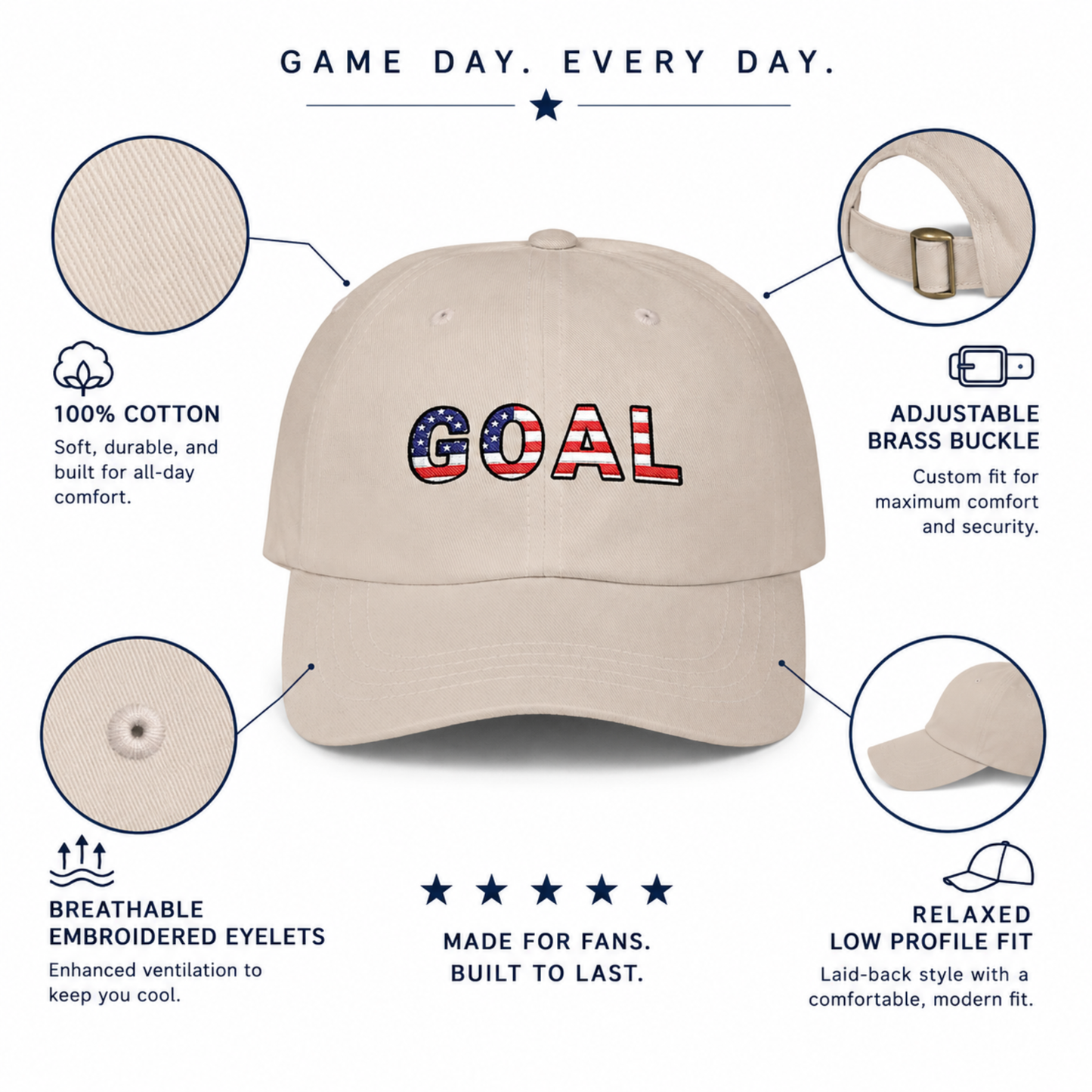 GOAL American Flag Embroidered Dad Hat, USA Soccer Fan Cap, Adjustable Cap