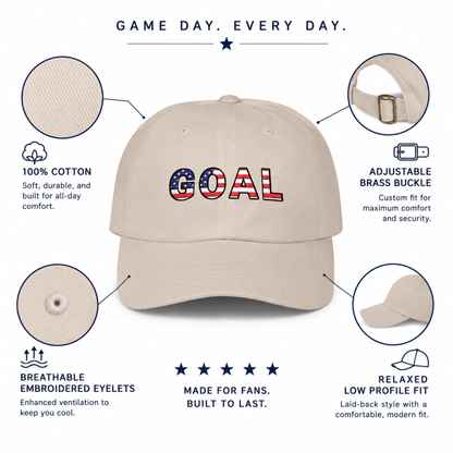 GOAL American Flag Embroidered Dad Hat, USA Soccer Fan Cap, Adjustable Cap
