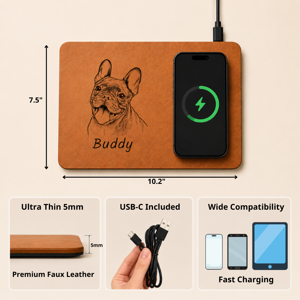 Custom Photo Bold Sketch Pet Portrait Pet Lovers - Personalized Leather Charging Mat - Size 10.2 x 7.5 inches