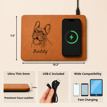 Custom Photo Bold Sketch Pet Portrait Pet Lovers - Personalized Leather Charging Mat - Size 10.2 x 7.5 inches