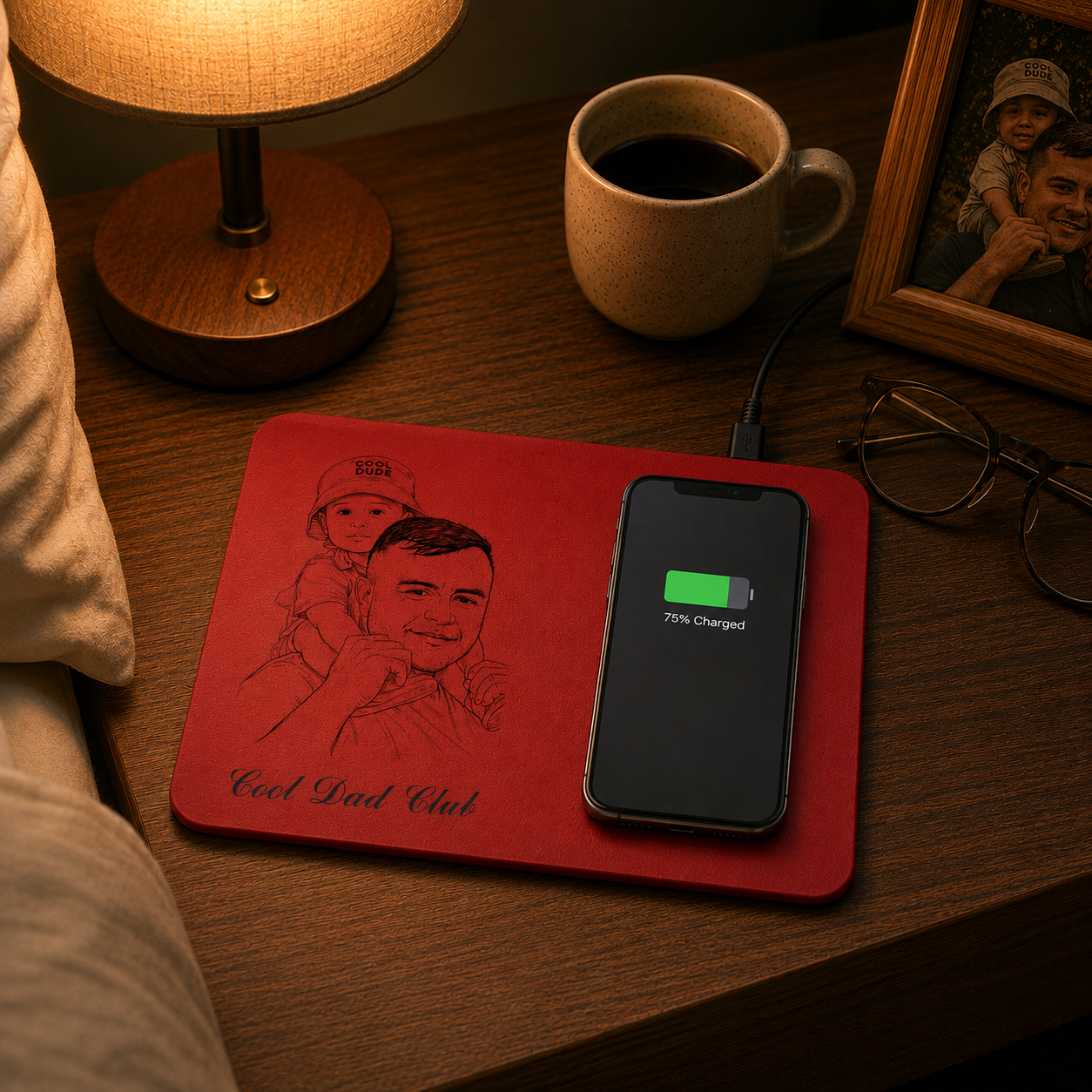 Father's Day Gifts, Custom Photo Pencil Sketch Best Dad Ever - Personalized Leather Charging Mat - Size 10.2 x 7.5 inches