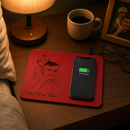 Father's Day Gifts, Custom Photo Pencil Sketch Best Dad Ever - Personalized Leather Charging Mat - Size 10.2 x 7.5 inches