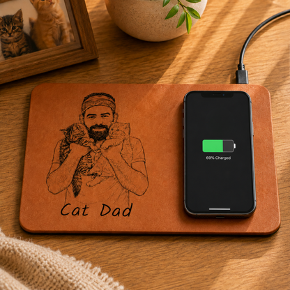 Custom Photo Bold Sketch Pet Portrait Pet Lovers - Personalized Leather Charging Mat - Size 10.2 x 7.5 inches